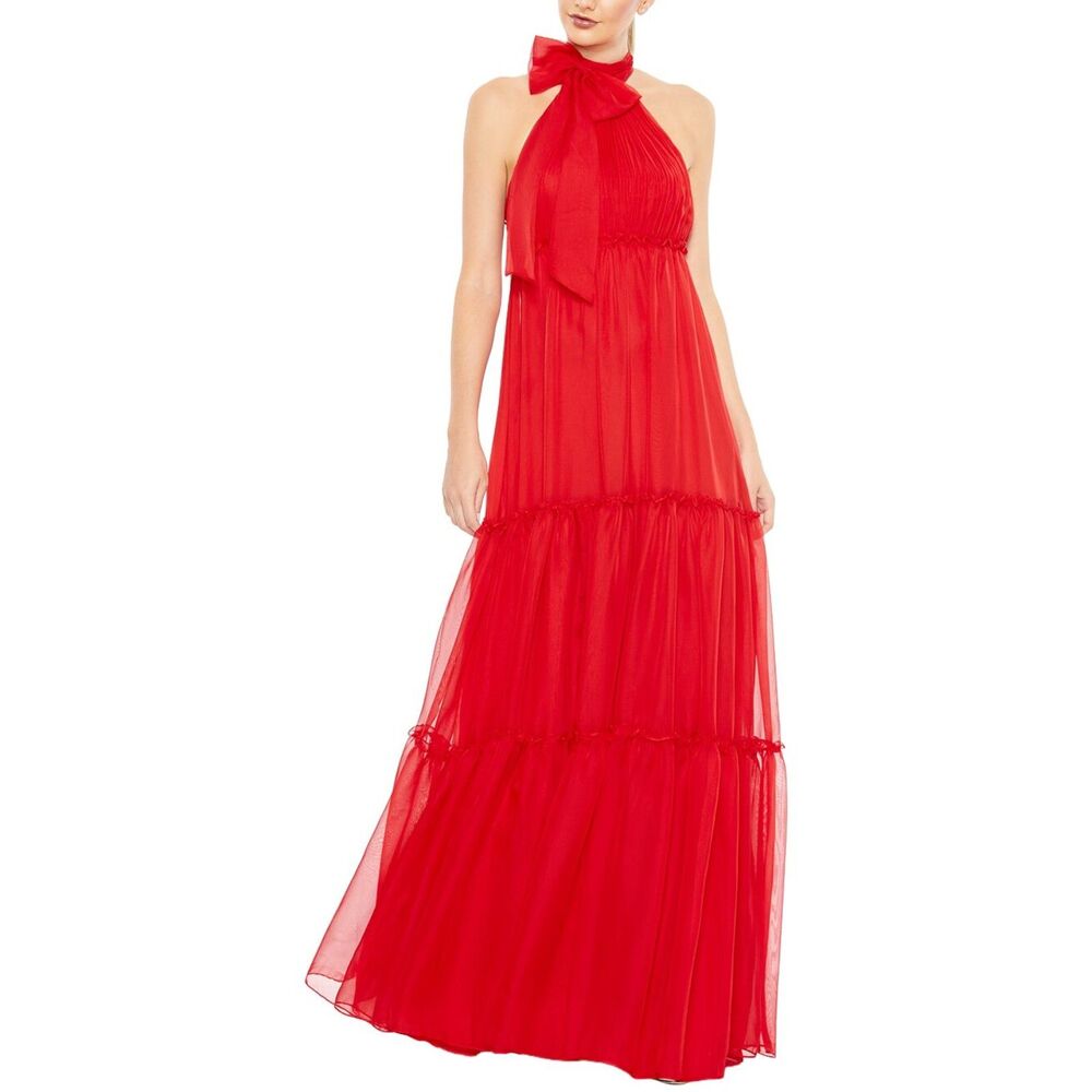 Mac Duggal Ruched Tiered High Neck Bow A Line Gown Size 6